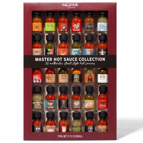 Try this curated set of 30 hot sauce samples, including flavors like Garlic Herb and Apple Whiskey, perfect for gifting.