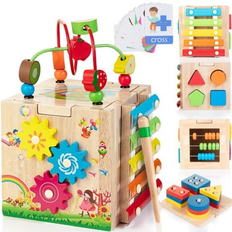 Bravmate’s Multi-Functional Wooden Cube: Ideal Montessori Toy Set for 18 M+ Toddlers. Perfect First Birthday Gift! Includes Sorting & Stacking Board as Bonus.