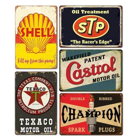 Retro metal signs for men’s garages and man caves, featuring vintage car and oil station designs.