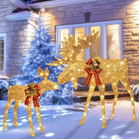 Gold Lighted Christmas Moose Family Decoration, includes 2 illuminated moose, 135 lights, stakes, and extension cord. Perfect for your outdoor yard!