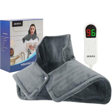 Large JKMAX weighted heating pad for neck and shoulders, provides 10 heat and 6 timer settings, ideal gift.