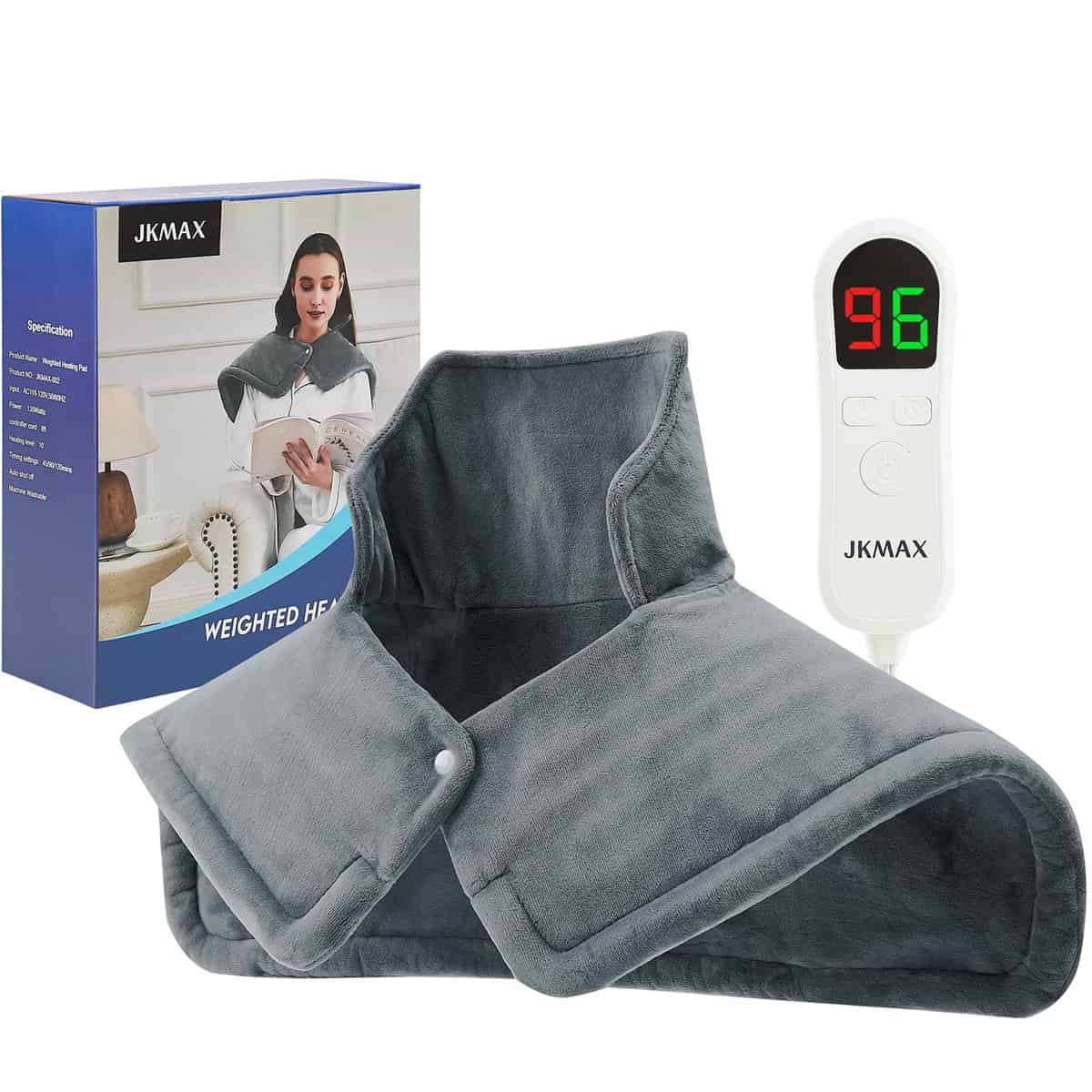 Weighted Heating Pad for Neck and Shoulders, JKMAX 2lb Large Neck Heating Pad for Neck Shoulder Pain, 10 Heat Settings, 6 Timer Settings Auto-Off, Gifts for Women Men Mom Dad 17"x23"