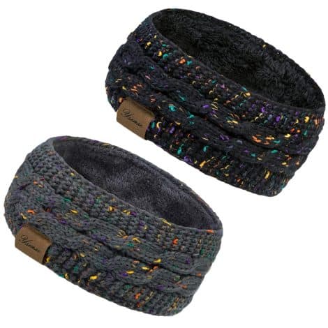 A set of YSense headbands for women with cozy cable knit, lined with fuzzy fleece, in black and grey.