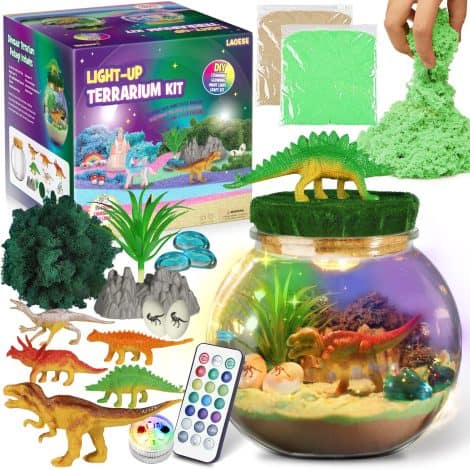 Gifts featuring dinosaurs for boys, including a terrarium kit, perfect for ages 4-12. A fun DIY project. Ideal for birthdays.