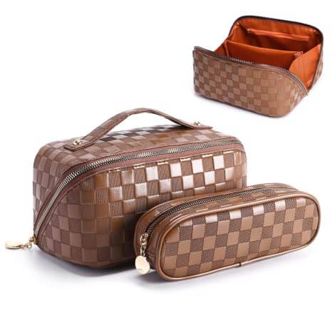 Check out the BAGCRAZY 2-Piece Waterproof Checkered PU Leather Makeup Bags for Women. Stylish, spacious, and water-resistant!