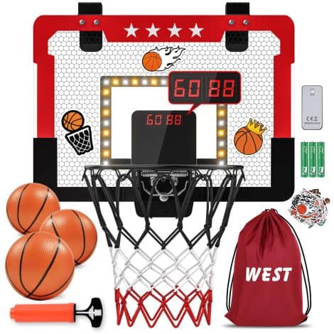 “West Red Mini Hoop Set: Fun Electronic Scoring Indoor Basketball Toy Gift for Boys, Ages 5-12.”