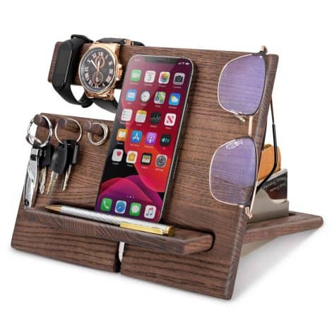 TESLYAR Ash Wood Phone Docking Station with Key and Wallet Holder, perfect for organizing essentials. Great gift for any occasion!