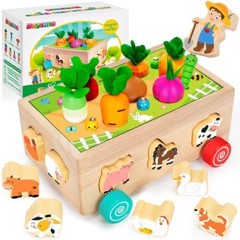 Educational Wooden Shape Sorting Toys with Farm Animals & Veggies for 1-3-year-old boys and girls. Perfect gift!