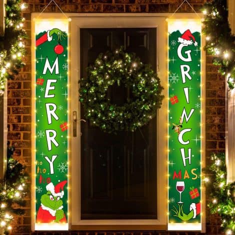 Festive Grinch-themed Christmas porch banners with string lights for outdoor and indoor home décor.