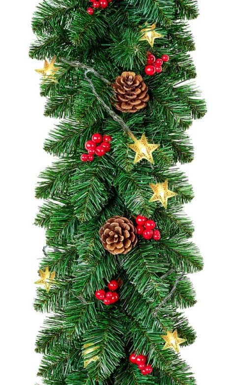 Battery-operated 9FT Pre-Lit Christmas Garland – the perfect holiday decoration for stairs, fireplace, and outdoor/indoor spaces.