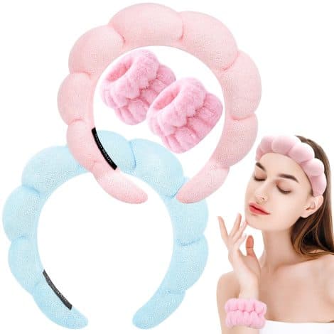 Pampering Set for Women: Soft Spa Headband and Wrist Towel, Perfect Hair Accessory in Pink/Blue, Ideal Gift