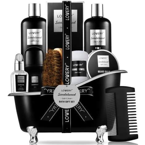 Celebrate the holiday spirit with the Christmas Grooming Set: Sandalwood Spa Gifts for men, including beard care essentials!