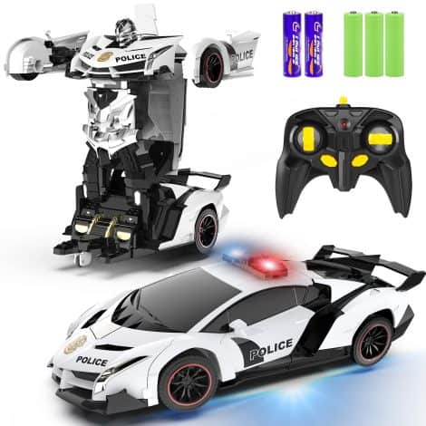 Transforming Police RC Car – One-Button Deformation, Flashing Lights, 360° Rotation, Perfect Gift for Boys.