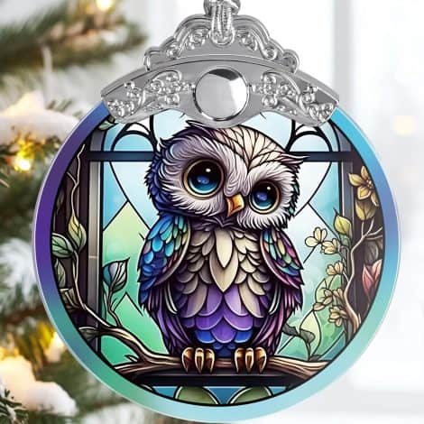 Owl-themed holiday decorations, including hanging ornaments, suncatchers, and gifts for owl lovers. Perfect for Christmas!