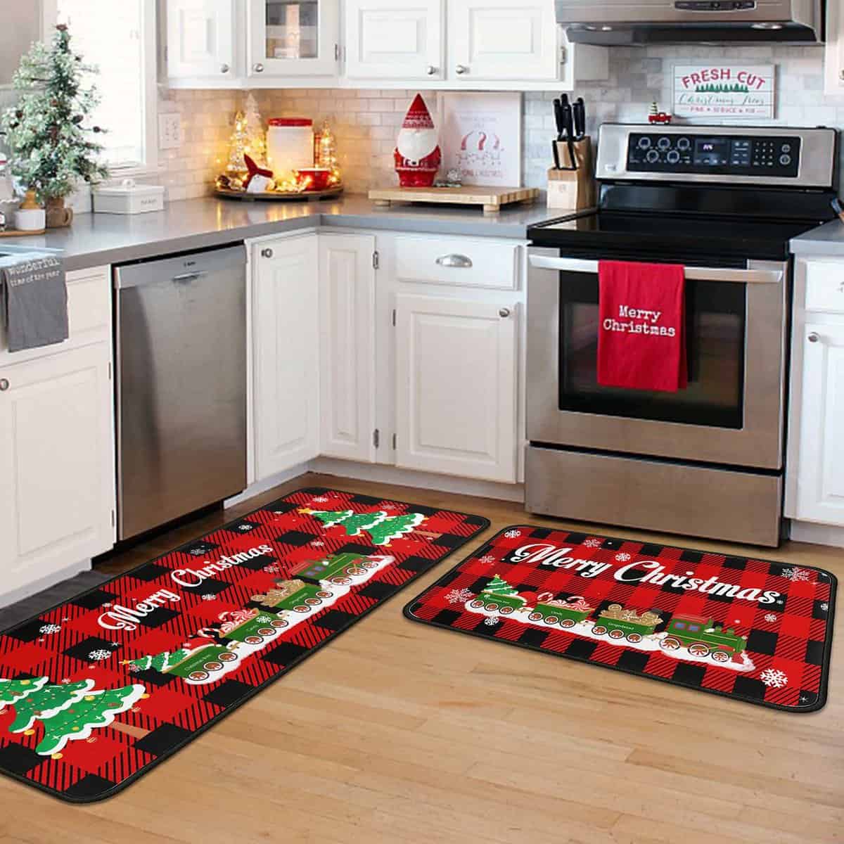 Christmas Kitchen Rugs and Mats Set (2 PCS), Merry Christmas Indoor Floor Mats Red Black Buffalo Check Plaid for Winter, Xmas Door Mat Runner Rug Mat for Kitchen Home Decor (17"x47"+17"x30")