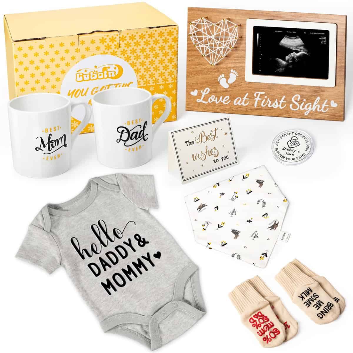 Cubotn Pregnancy Gifts for First Time Moms - New Parents Gift Set Pregnancy Announcement Baby Shower Basket Mom & Dad Mugs, Baby Ultrasound Frame, Decision Coin, Onesie, Bib and Socks