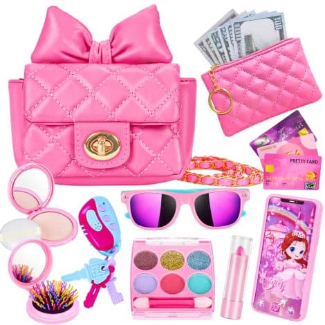 Pink Princess Pretend Play Purse Set with Kids Makeup, Chain Bag, and Toys – Perfect gift for 3-8 year old girls.