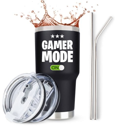 Gaming-themed stainless steel tumbler with lid, straws, and a 30-ounce capacity – ideal Christmas gift for gamers.