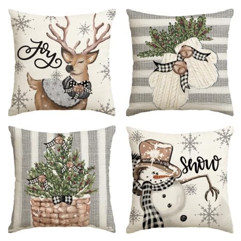 Colorful Christmas Snowman and Reindeer Glove Design Pillow Covers – Perfect for Winter Decor on Sofa! (15 words)