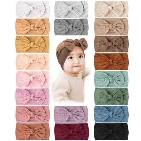 Brown 20PCS Baby Girl Headbands: Elastic nylon hairbands with cute hair bows for newborns, infants, and toddlers.