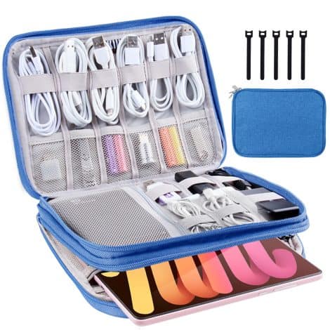 Blue Electronics Organizer Bag with 5 Cable Ties – Water Resistant Pouch for Cables, iPhone, iPad Mini.