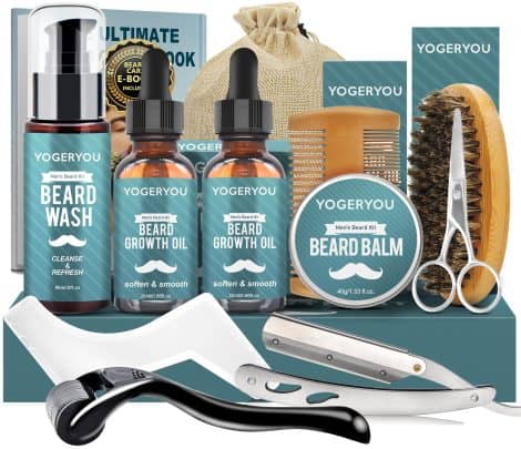 Complete beard care set with razor, oil, wash, balm, brush, comb, scissors. Perfect gift for men!