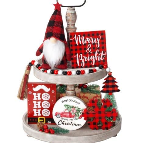 Christmas Tiered Tray Decor: Festive farmhouse-style Christmas decorations for your home, including wooden signs and plush buffalo plaid gnomes.