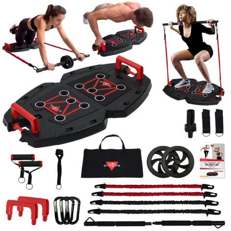 Portable gym equipment ideal for home workouts, featuring 25-in-1 push-up board, resistance bands, and more.