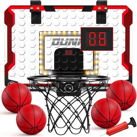 TEMI Indoor Basketball Hoop with LED Light, 4 Balls, and Electronic Scoreboard; Perfect Basketball Gift for Kids.