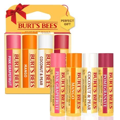 “Burt’s Bees Lip Balm Gift Set, Natural, Moisturizing Stocking Stuffers with SuperFruit flavors – Pomegranate, Coconut & Pear, Mango, Pink Grapefruit.”