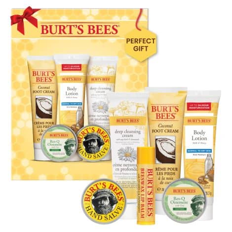 Burt’s Bees Christmas Gift Set: 6 Stocking Stuffers, including timeless minis with lip balm, foot cream, lotion, cleansing cream, ointment, and hand salve.