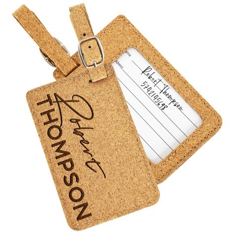 Custom engraved leather luggage tags with personalized design and name for travelers; perfect gift for your honeymoon or any travel adventures.