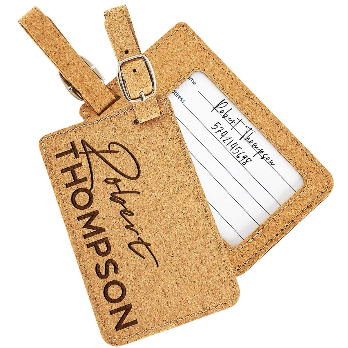 Personalized Leather Luggage Tags Gifts with Engraved Design and Name - Traveler Gifts for Women, Men, Kids - Custom Suitcase Tag for Honeymoon - Gifts for Travelers | Cork