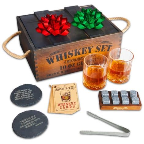 Jameson Dark Brown Whiskey Gift Set: Whiskey Glasses, Chilling Stones, and Wooden Crate – Perfect for Men!