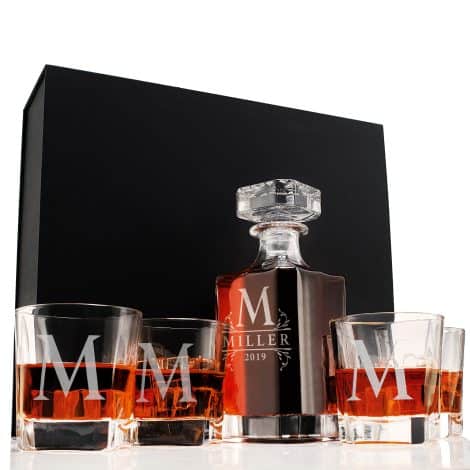 Custom 5-piece whiskey decanter set with 9 design choices. Limited edition liquor decanter set with 25 oz decanter and 4 glasses.