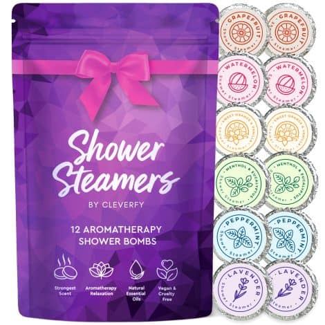 Cleverfy Aromatherapy Shower Steamers – 12 Shower Bombs with Essential Oils. Perfect self-care stocking stuffers and Christmas gifts for women and teens. Purple gift set.