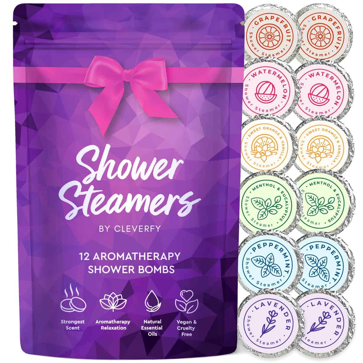 Cleverfy Shower Steamers Aromatherapy - Pack of 12 Shower Bombs with Essential Oils. Self Care Stocking Stuffers for Women and Teens and Christmas Gifts for Women. Purple Set