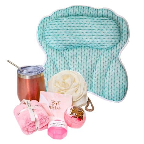 Lady McBath Spa Gift Baskets: Pamper yourself with a luxurious bath set including a bath pillow, loofah, bath bomb, and more!