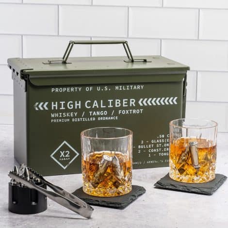 High-quality Whiskey Glasses and Stones in a cool Tactical Box Display – perfect Groomsmen/Whiskey Gifts for Men!