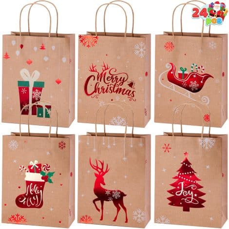 “Get festive with 24 red Christmas Kraft gift bags, perfect for holiday party favors and decorations.”