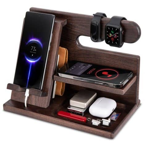 Wooden phone docking station and key holder, perfect gift for men. Keep organized and stylish. Great for birthdays and anniversaries.