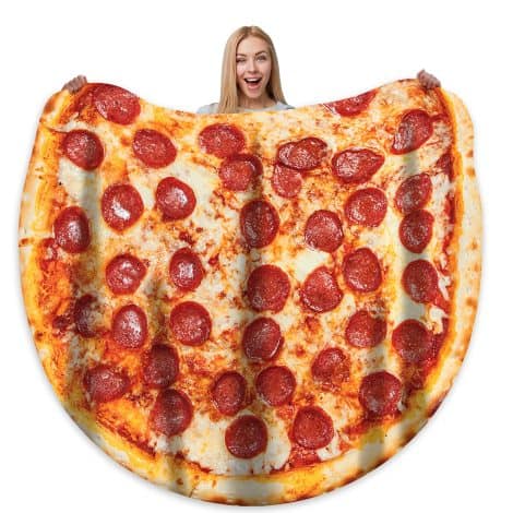 Funny, realistic pizza blanket for adults and kids – a personalized, novelty gift that’s cozy and soft.