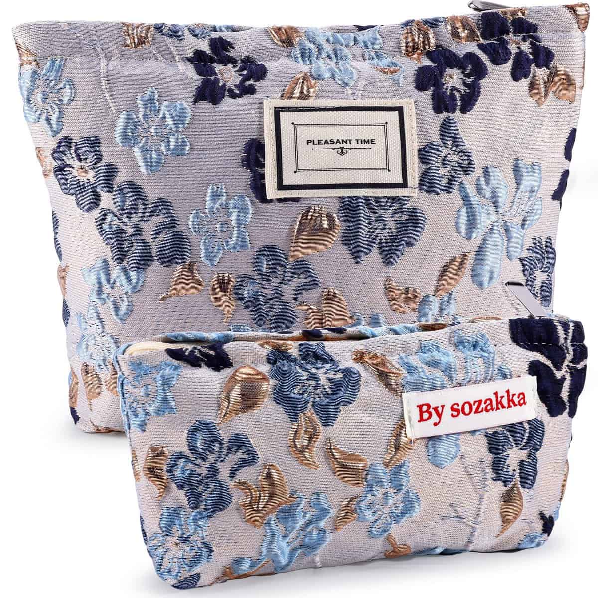 2Pcs Makeup Bag Travel Cute Floral Cosmetic Bag Set for Women Large Coquette Gray Blue Embossed Small Zipper Makeup Pouch for Purse Pencil Pouch Aesthetic Portable Toiletry Bag Organizer