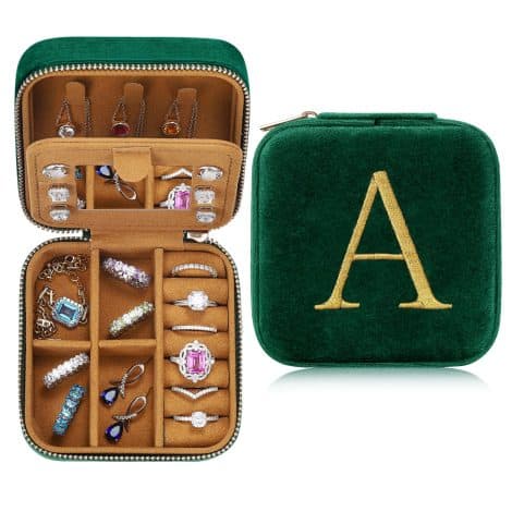 Parima’s Velvet Jewelry Travel Case – Deluxe compact organizer with monogram ideal for holiday and birthday presents.