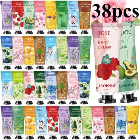 Travel-sized gift set of 38 fragrant hand creams, ideal for moisturizing dry hands with shea butter. Perfect for gifting.