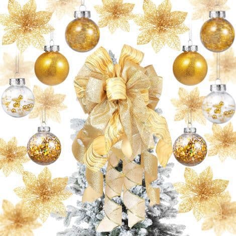 Gold Christmas Tree Decoration Set includes 49 pieces, a tree topper bow, Poinsettia flowers, and ornaments.