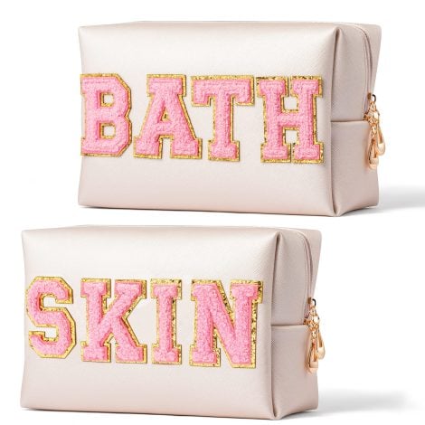 2-Pack Preppy Patch SKIN BATH Varsity Letter Cosmetic Bag, Pink Makeup Pouch, Waterproof Travel Organizer. Ideal gift!