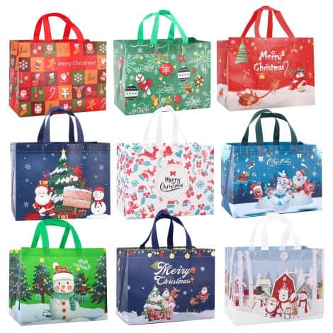 Reusable CVNDKN Christmas Gift Bags- 9 festive totes with handles for shopping, gifts, and party decorations.