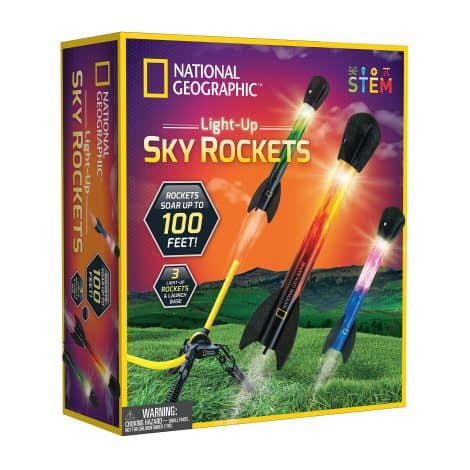 Introducing the National Geographic LED Rocket Launcher – A thrilling air-powered toy that launches light-up foam rockets up to 100 feet!