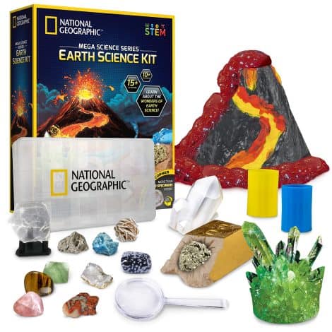 NATIONAL GEOGRAPHIC Earth Science Kit – Provides 15+ science activities, crystal growth, volcano, excavation, gemstones; perfect STEM toy. (Amazon Special)